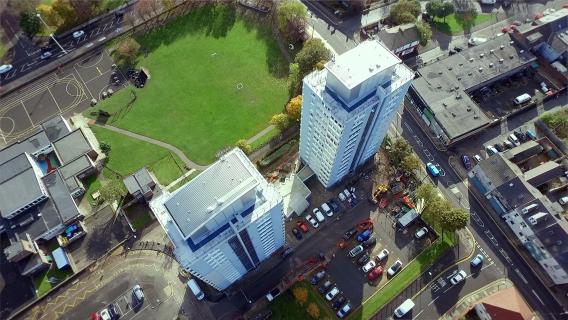Aerial view of two residential tower blocks