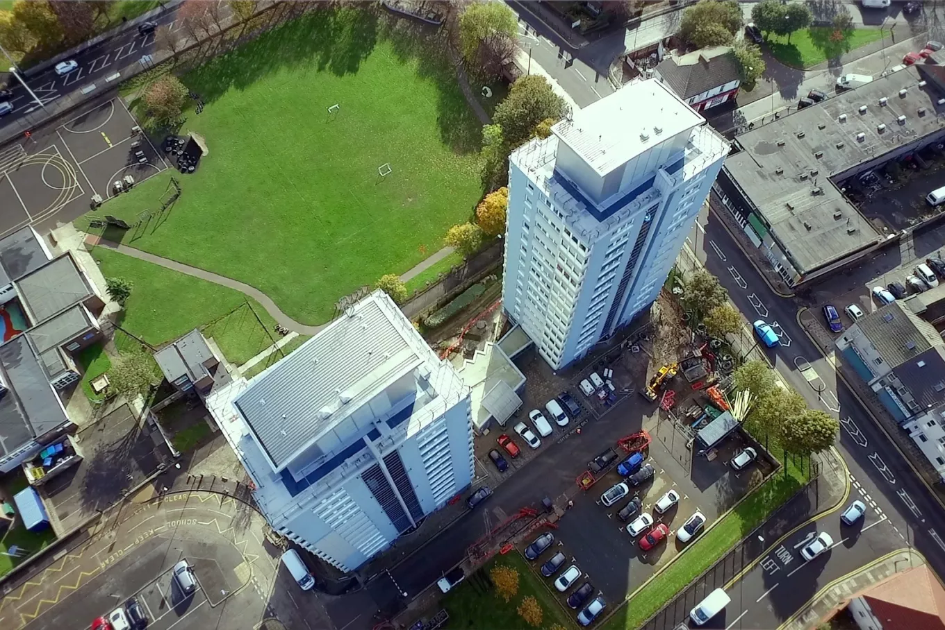 Aerial view of Gentoo tower blocks in Sunderland