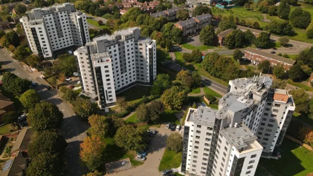 Drone image of the Boat Blocks in Birmingham