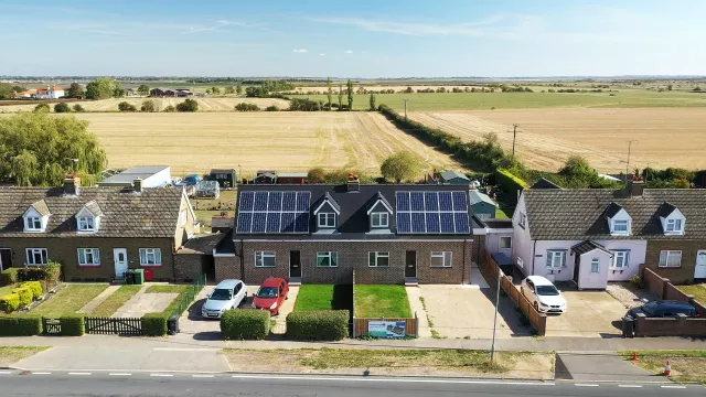 Aerial photo of Moat housing in Maldon with solar panel on roofs