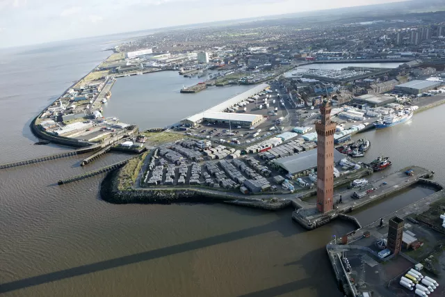 Aerial shot of Grimsby dock tower in north east lincs