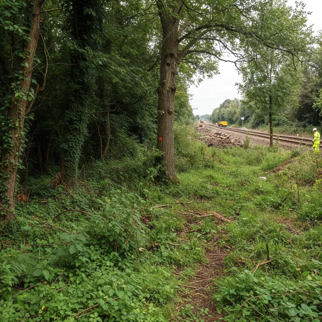 A section of railway line beside a wooded area where vegetation has been cleared. A worker in high-visibility clothing stands near the tracks, while logs and branches are piled along the cleared edge of the forest