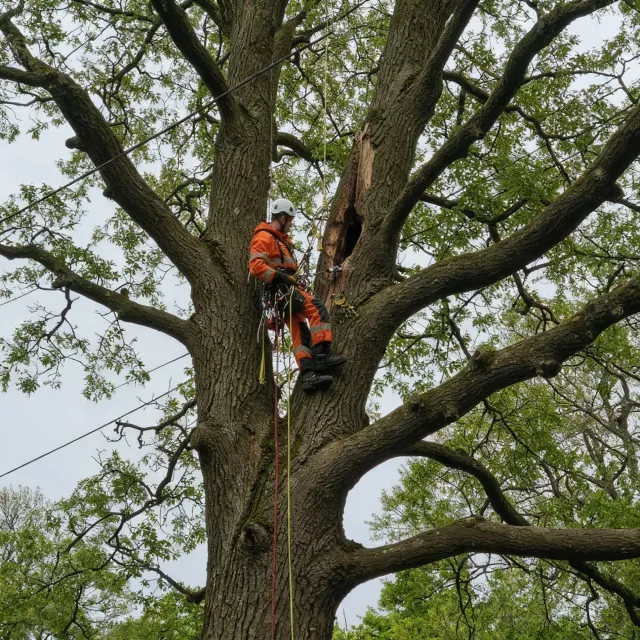 A tree surgeon wearing safety gear and an orange harness climbs a large oak tree using ropes and climbing equipment to inspect section of the trunk.