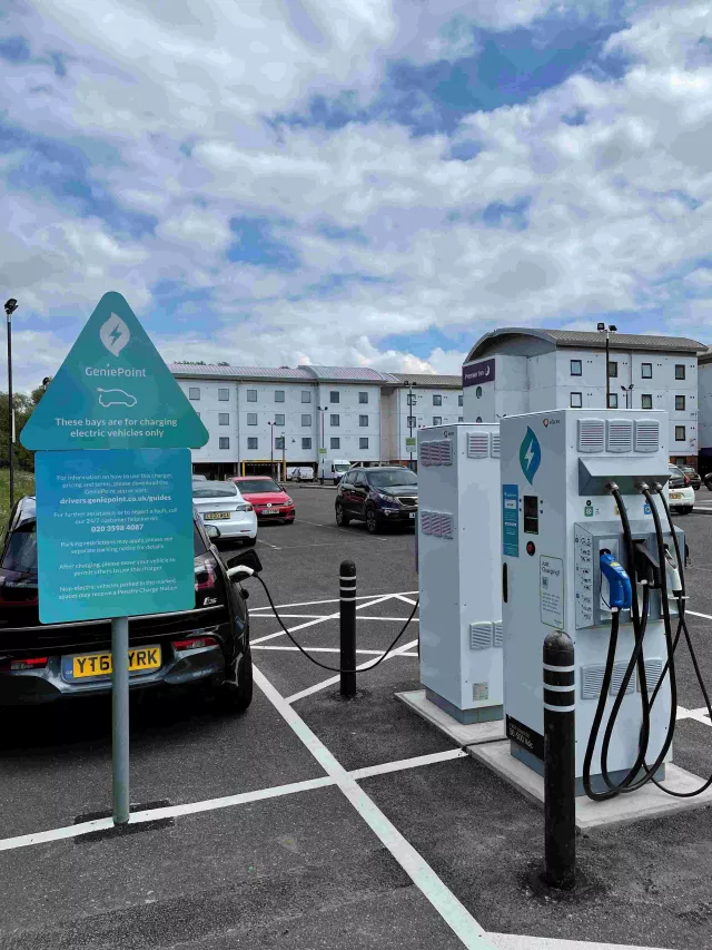 A genie point EV charger at a Premier Inn Whitbread