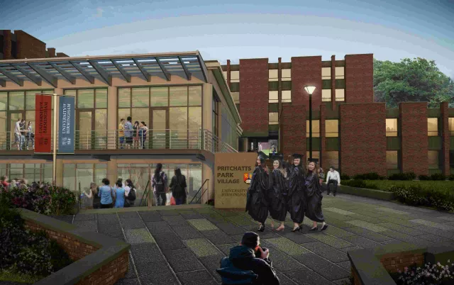 A CG image of student graduating outside Pritchatt Park student village