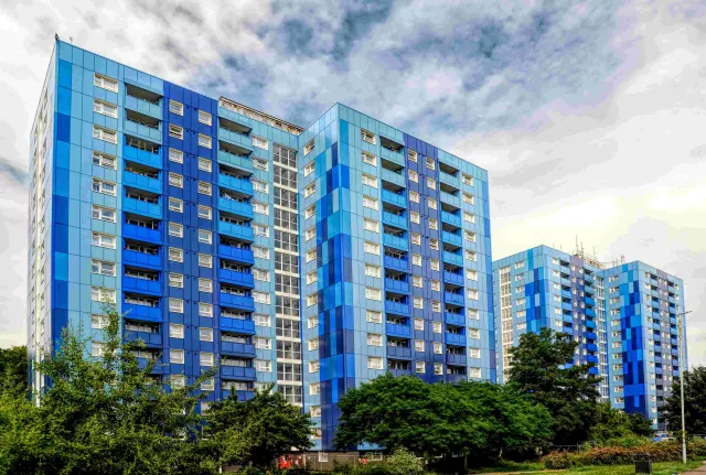 Exterior shot of Luton towers